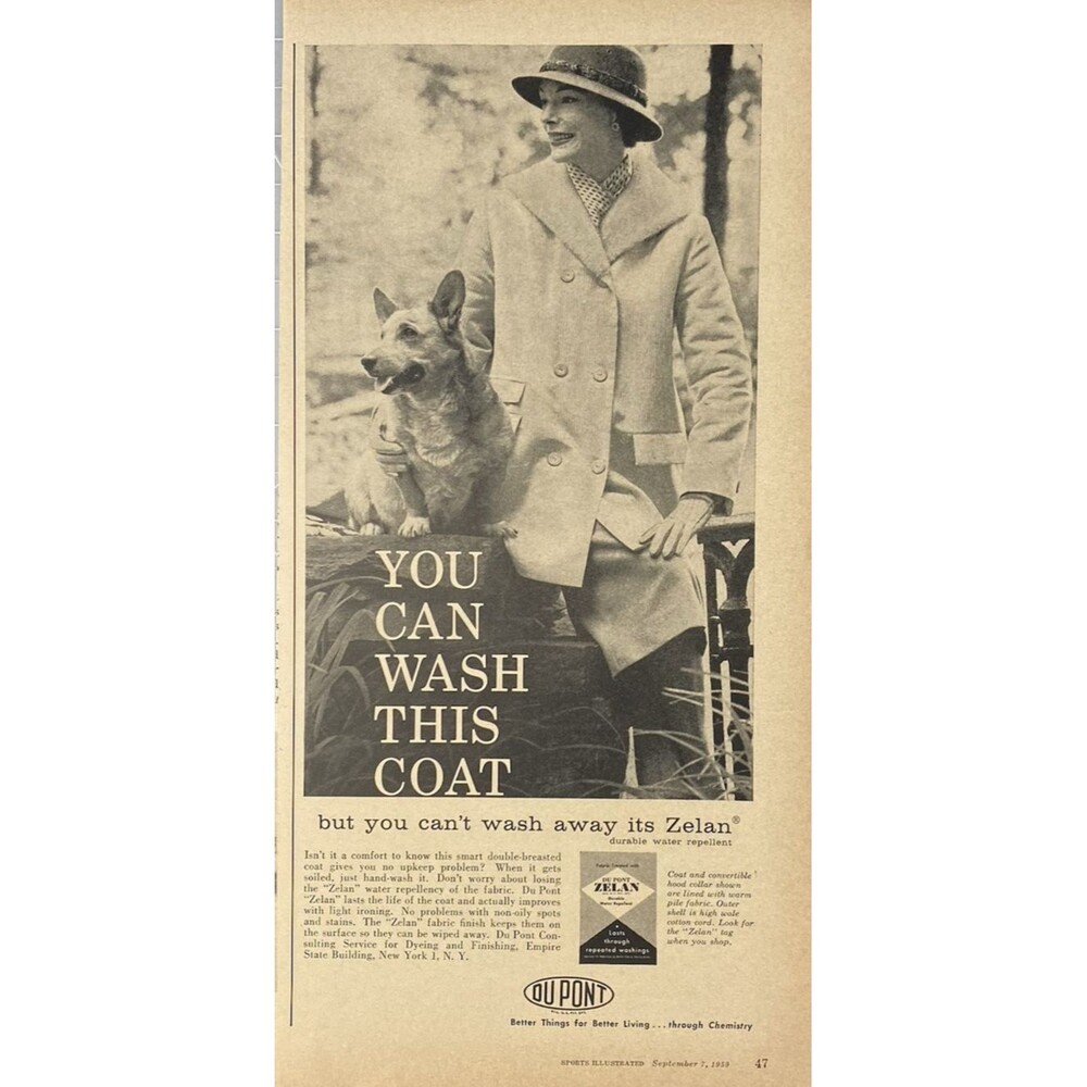 DuPont Zelan Water Repellant Fabric "You Can Wash This Coat" Dog Corgi Ad 1959